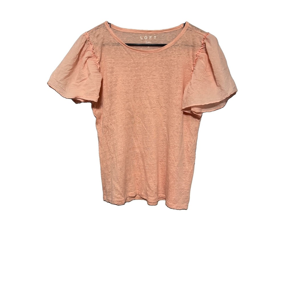 Loft Linen Cotton Short Ruffled Sleeve Coral Top M Round Neck
